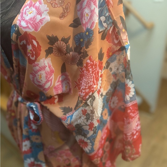 Boho Floral Kimono Duster Belted Beach Cover Up Peony Bird Print - Picture 4 of 4